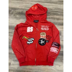 Resilient Studios Rhinestone Zip Sweatshirt Jacket Red L